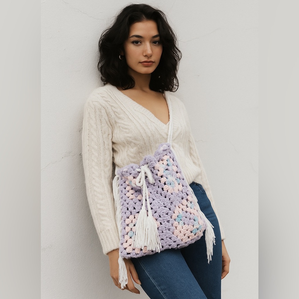 HANDMADE | Purple pink white Granny Square Fringe Drawstring Cross Shoulder Bag